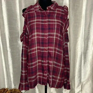 Blue Rain Francesca’s Women’s Large Maroon Plaid Cold Shoulder Long Sleeve Top